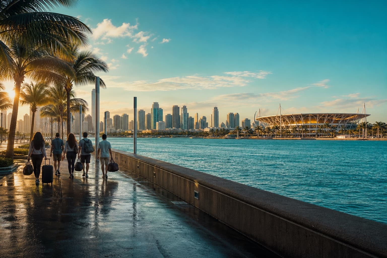 Friends arriving in Miami for a live-event weekend